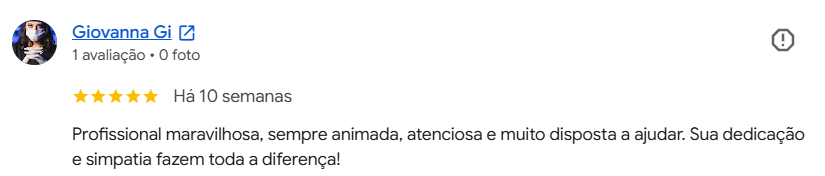 Avaliação de Giovanna Gi para a Dra. Núbia Kênia no Google