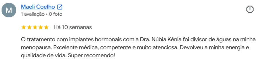 Avaliação de Maeli Coelho para a Dra. Núbia Kênia no Google